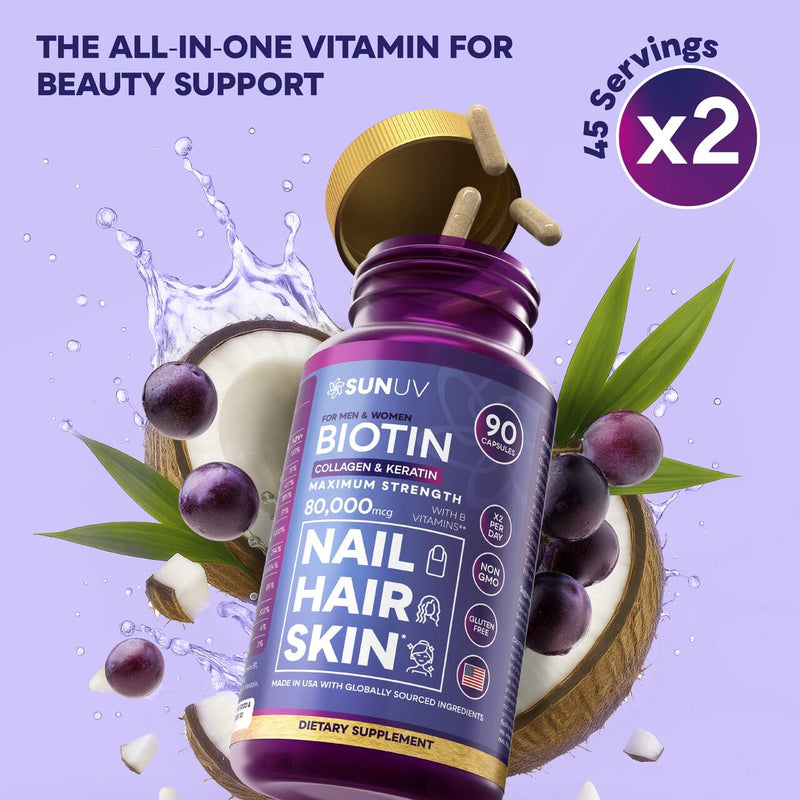 SUNUV Biotin 10,000mcg | Collagen | Keratin - 80,000mcg Hair Growth Vitamins for Women & Men,Skin & Nails Support - Hyaluronic Acid & Vitamins B1,B2,B3,B5,B6,B9,B12 -Made in USA-90 Capsules