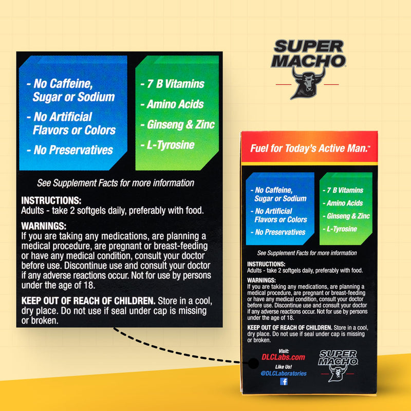 Super Macho, High Potency B Vitamins and Amino Acids, Fuel for Today's Active Men, No Caffeine, No Sugar, Dietary Supplement, Made in USA, 50 Softgels