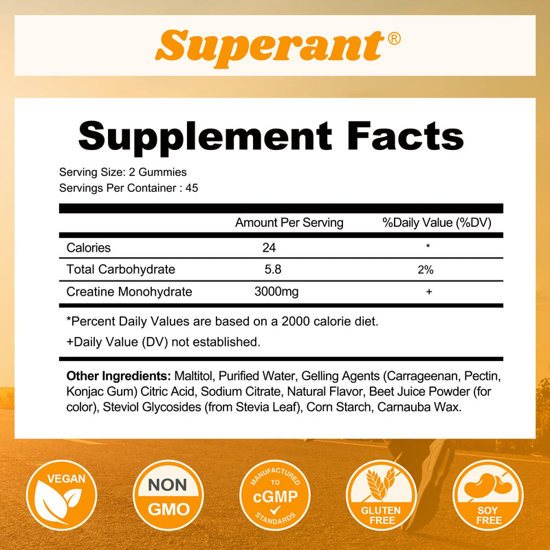 SUPERANT Creatine Gummies – 1.5g per Gummy, 90-count, Vegan
