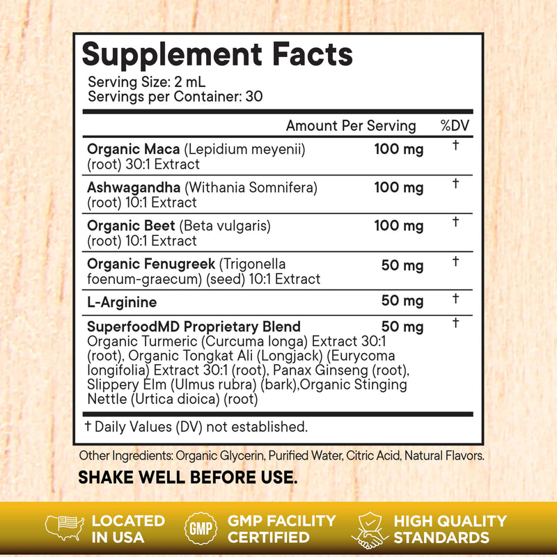 Superfood MD Maca Root Liquid Drops with Ashwagandha, Nettle, Beet Root & L-Arginine – 8 Oz