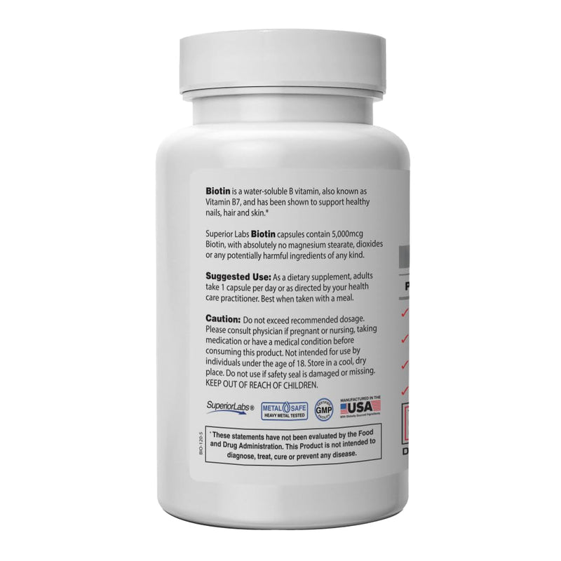 Superior Labs Biotin 5000 mcg Non-GMO – Hair, Nails & Lashes | 120 Veggie Caps
