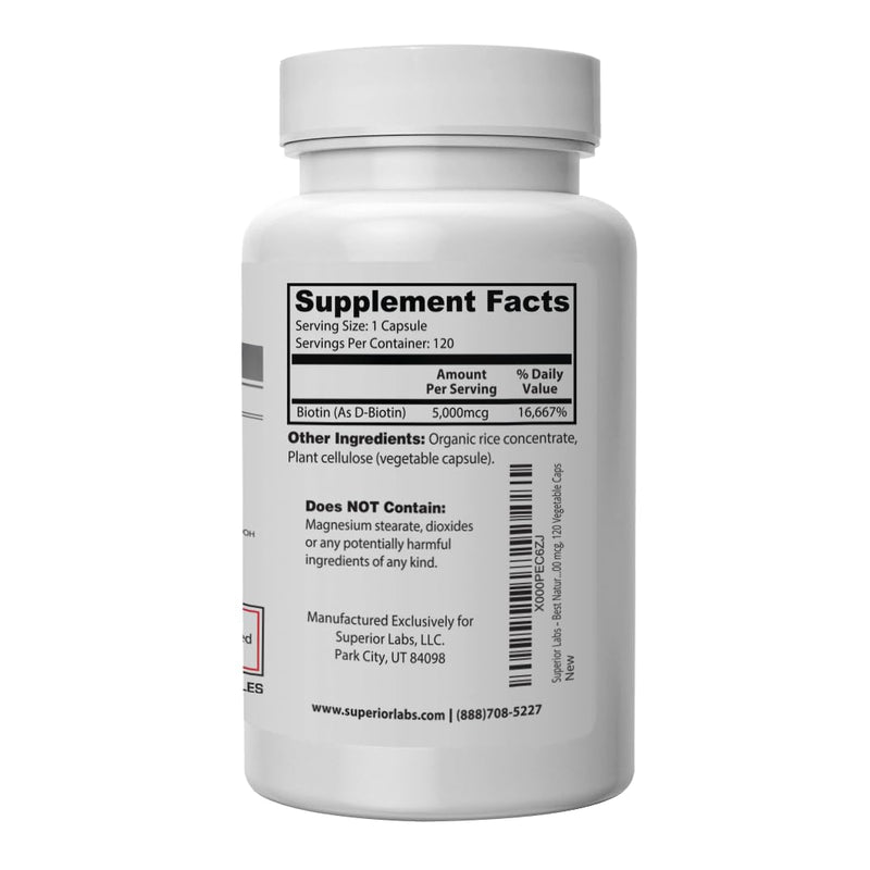 Superior Labs Biotin 5000 mcg Non-GMO – Hair, Nails & Lashes | 120 Veggie Caps