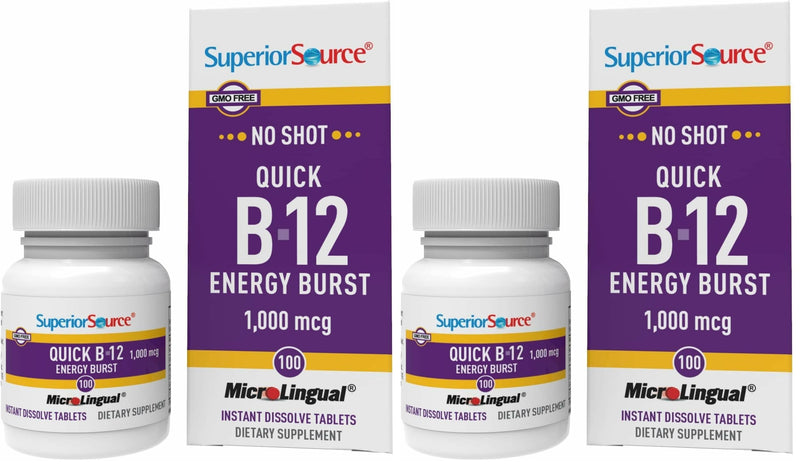 Superior Source B-12 1000 mcg Quick Energy Burst - MicroLingual Tablets (Pack of 2) - Non-GMO & Gluten-Free