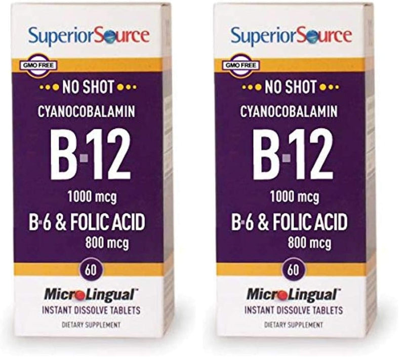 Superior Source No Shot B-12 1000 mcg + B-6 & Folic Acid 800 mcg – Sublingual Tablets, Pack of 2 (60 Tablets Per Bottle) – Supports Brain & Heart Health
