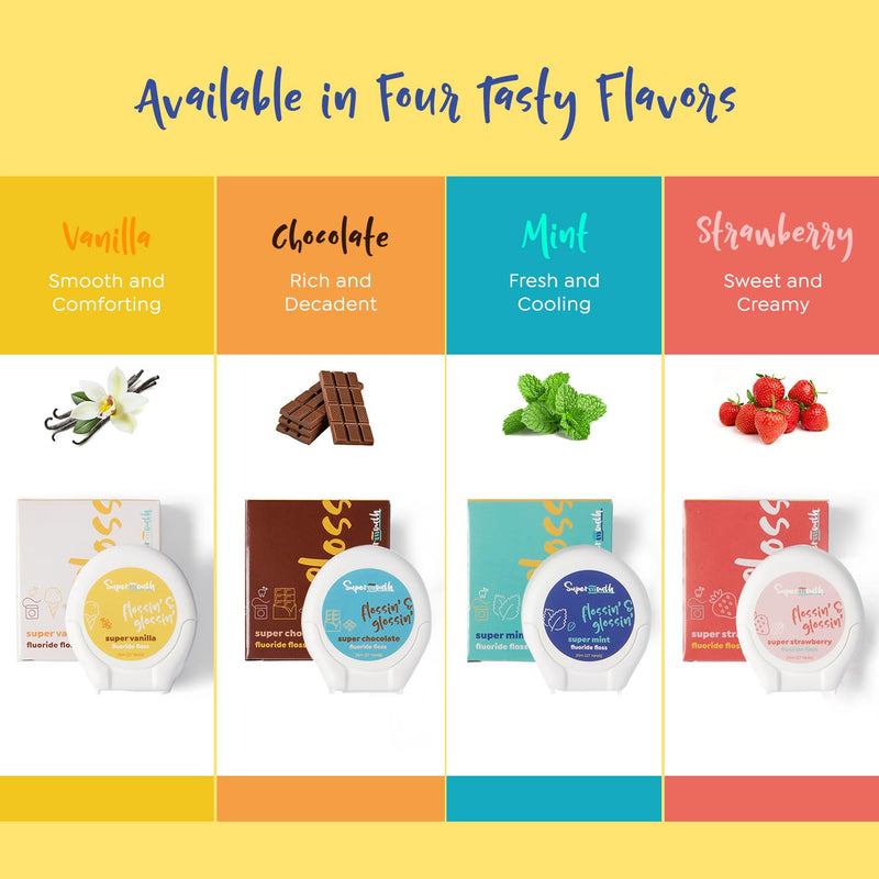 SuperMouth® Fluoride Floss – Patented Expanding Floss, 40% More Plaque Removal, Nano-Hydroxyapatite, Vitamins D3 & K2, Xylitol, No Forever Chemicals – 4 Flavors