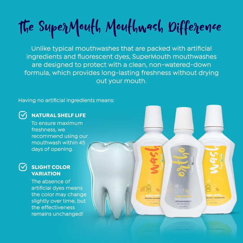 SuperMouth® Fluoride Mouthwash – Fluoride + Nano-Hydroxyapatite, Vitamins D3 & K2, Prebiotics, Alkaline pH 8.5, Alcohol-Free, Strengthens Enamel, Freshens Breath, Safe Clean Ingredients, Tasty Flavors