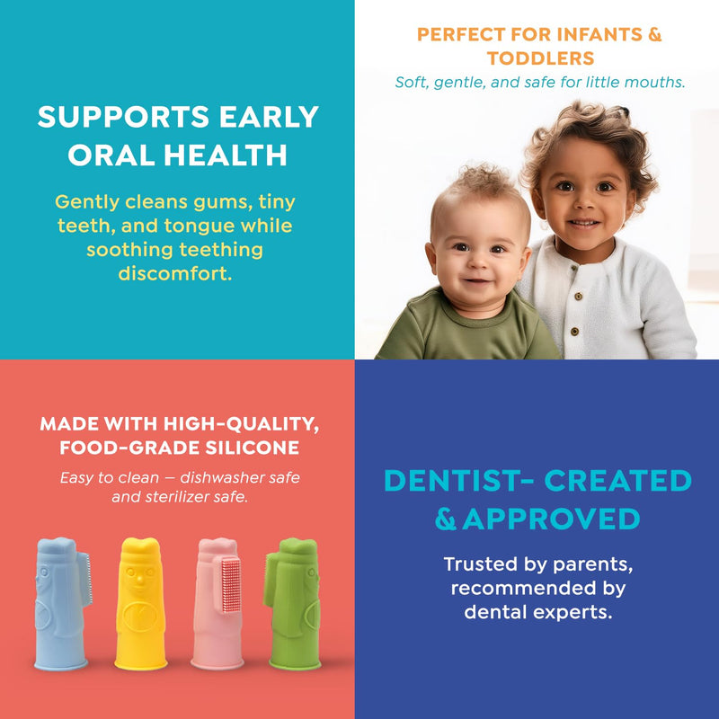 SuperMouth Tooth Keri Baby Finger Brush – Soft Silicone Bristles, Bite Block, Light-Up Wand, AR App, Teething to 2 Years, 4 Colors