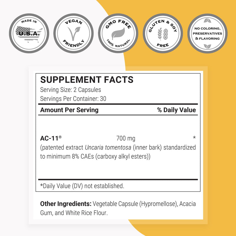 Supersmart AC-11 Supplement 700mg per Day (Cat's Claw Extract) - Uncaria Tomentosa Bark | Non-GMO & Gluten Free - 60 Vegetarian Capsules