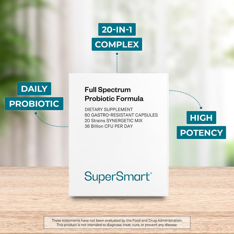 Supersmart Full Spectrum Probiotic Formula 36 Billion CFU per Day (20-in-1) – Non-GMO, Gluten Free, 60 Vegetarian Capsules