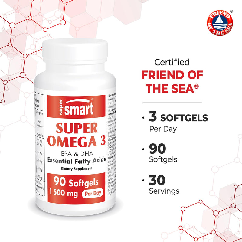 Supersmart Super Omega 3 1500mg/day | EPA & DHA | Friend of The Sea | 90 Softgels