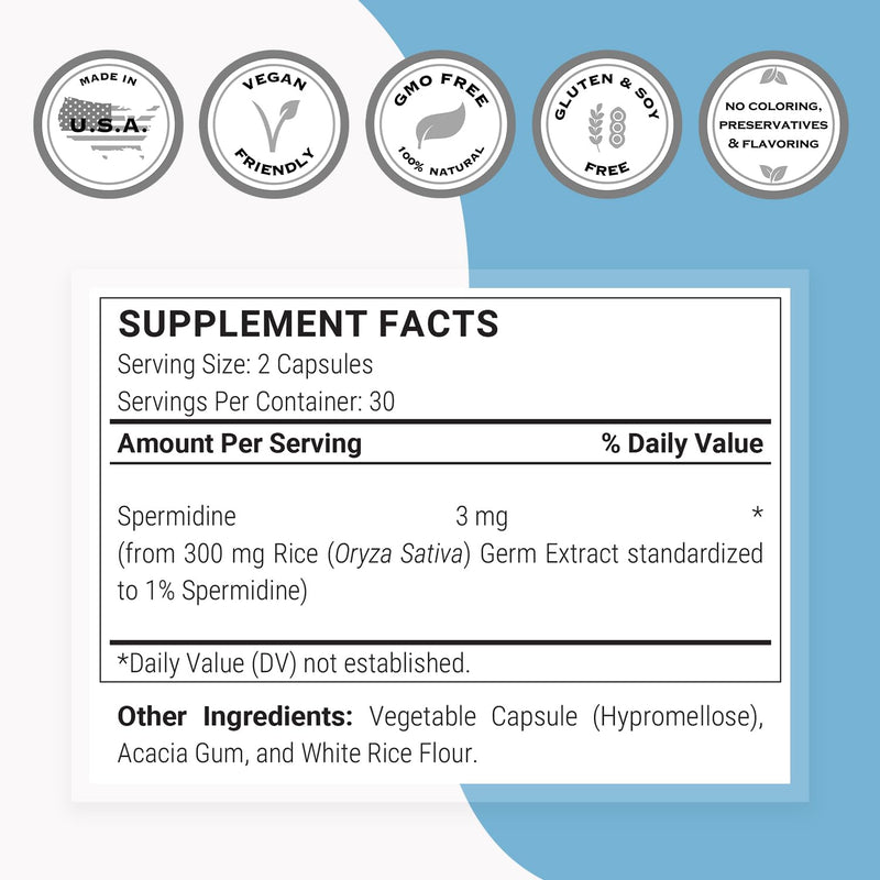 Supersmart Spermidine 3mg Daily - Rice Starch Extract, Non-GMO, Gluten Free, 60 Veg Capsules
