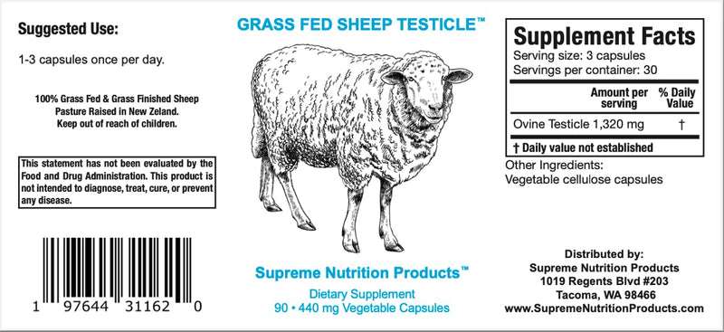 Supreme Nutrition Sheep Testicle — 100% Grass-Fed Ovine Testicle, 90 Capsules, New Zealand Finished