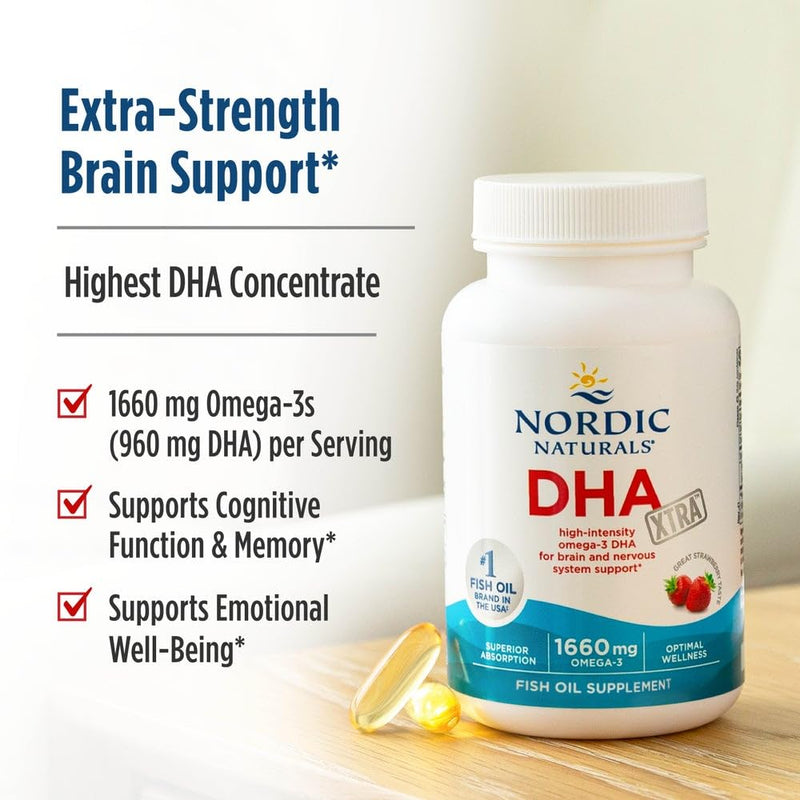 Nordic Naturals DHA Xtra Strawberry – 90 Soft Gels | 1660 mg Omega-3 | High-Intensity DHA for Brain & Nervous System