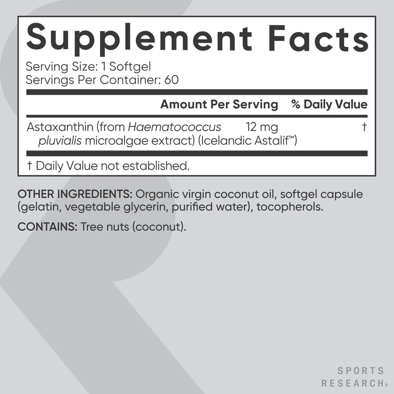 Sports Research Triple Strength Astaxanthin 12mg with Organic Coconut Oil - 60 Softgels