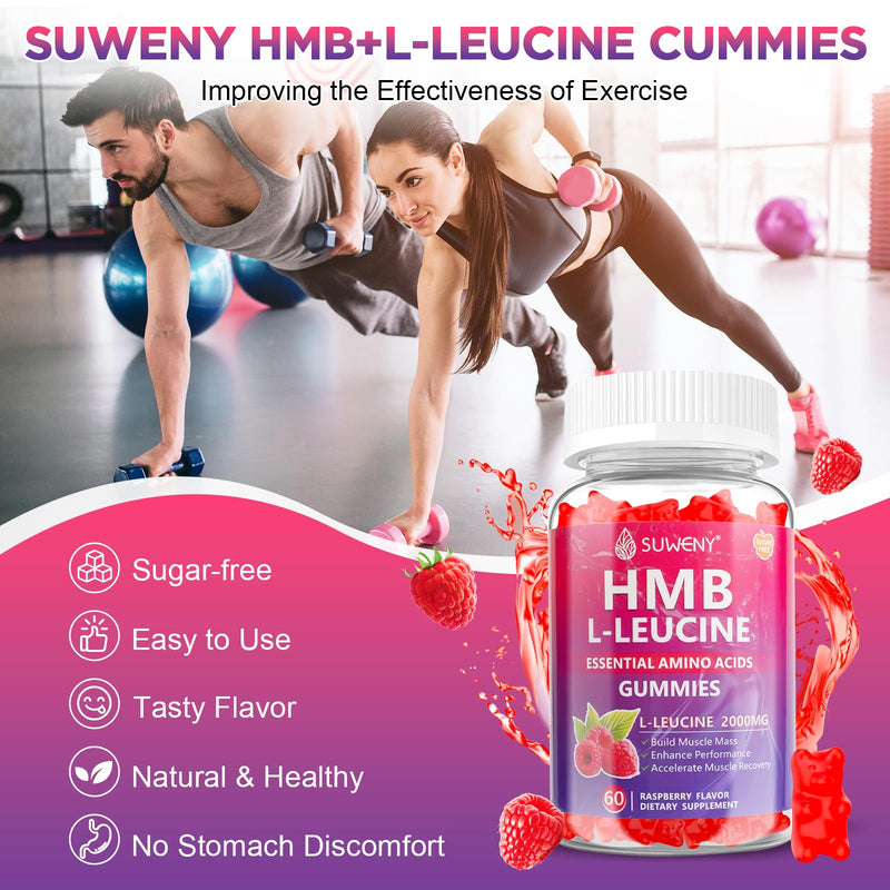 SUWENY HMB and L-Leucine Gummies 3000mg for Muscle Growth, Muscle Mass, Muscle Relief, and Fast Workout Recovery, for Men & Women,Sugar-Free,Raspberry Flavor,60 Count (1)