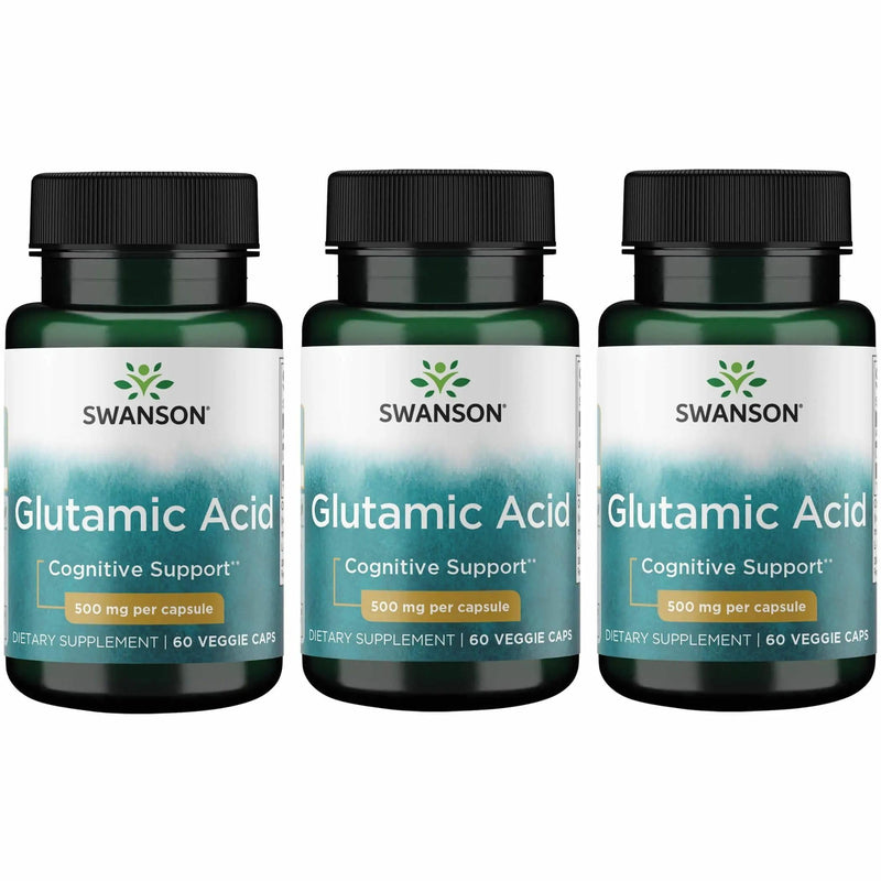 Swanson Glutamic Acid 500 mg – 3 Pack | Amino Acid Supplement for Cognitive Support