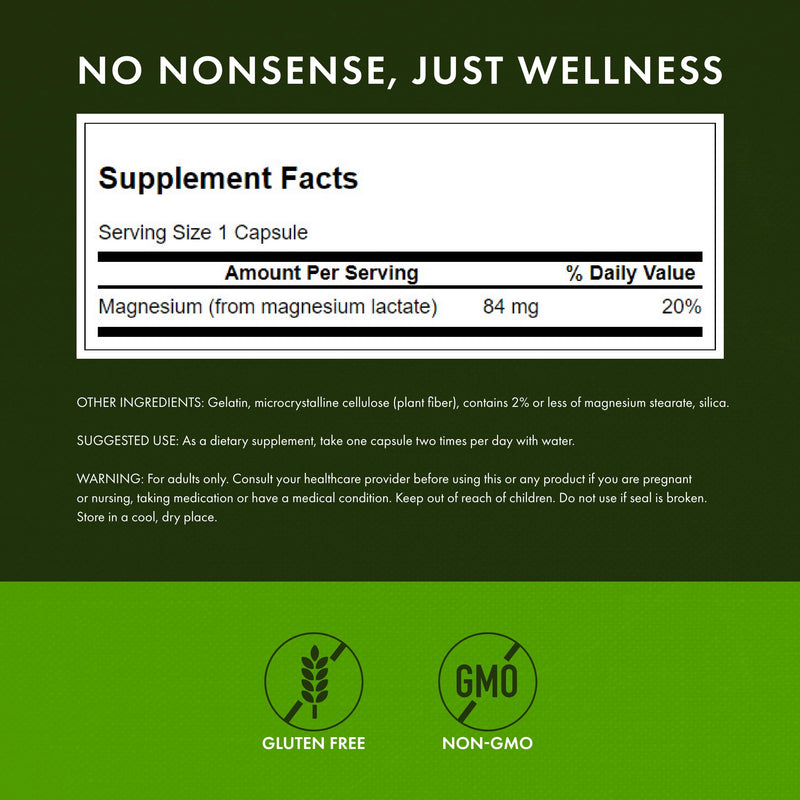 Swanson Magnesium Lactate - Lactose-Free Magnesium with Gentle Absorption | 4-Pack (480 capsules)