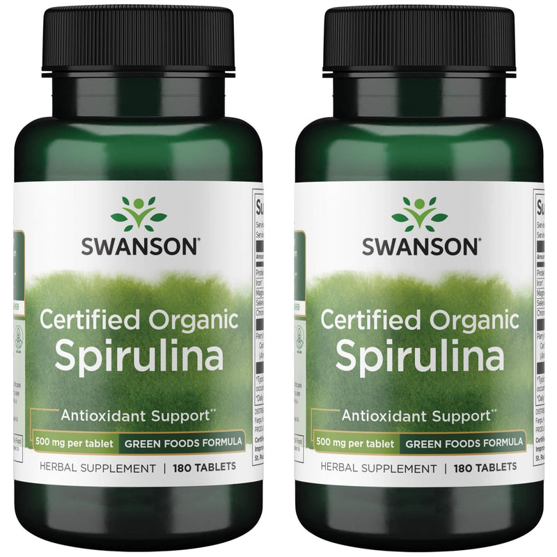Swanson Certified Organic Spirulina 500 mg 180 Tabs (2 Pack) | Organic Spirulina Supplement