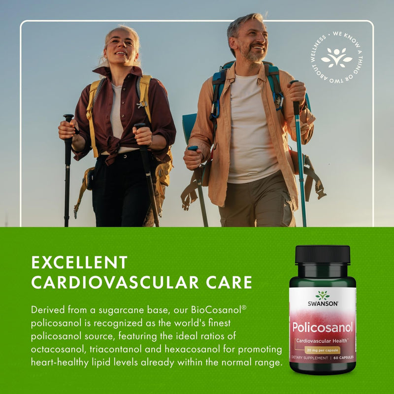 Swanson Policosanol - Supplement Helps Support Cardiovascular Health - All Natural Formula Aids Good Heart Health & Function - Helps Maintain Healthy Cholesterol Levels (60 Capsules, 20mg Each)