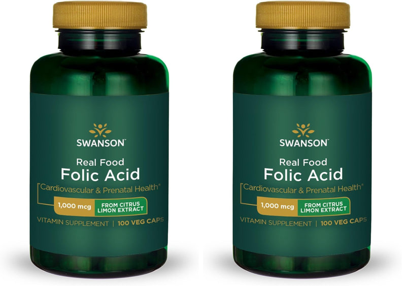 Swanson Real Food Folic Acid 1000 mcg Veggie Capsules – Prenatal Health (Vegan, Gluten-Free, Non-GMO) Pack of 2