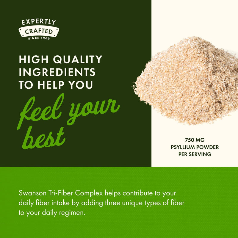 Swanson Tri-Fiber Complex - Digestive Health Fiber Supplement with Psyllium, Oat Bran & Apple Pectin (100 Capsules) - 4 Pack