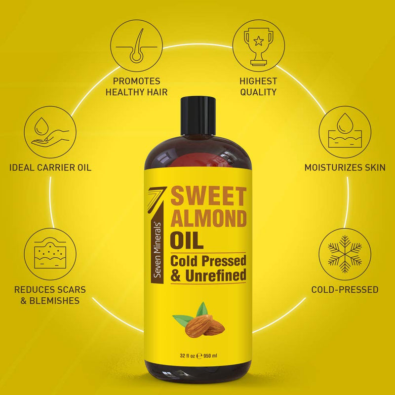 Seven Minerals Pure Cold Pressed Sweet Almond Oil – 32 oz Unrefined Carrier Oil for Skin & Hair
