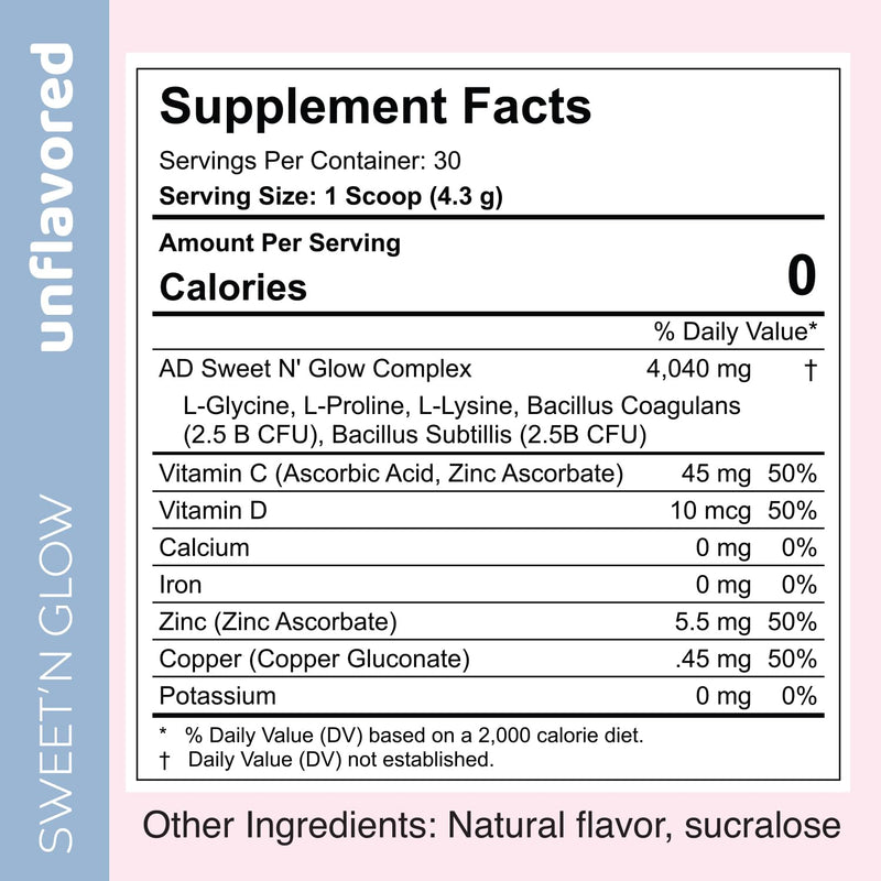 Sweet'N Glow Zero Calorie Sugar Free Collagen Booster – 30 Servings (Unflavored)