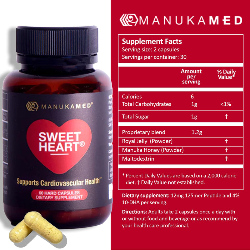 SweetHeart Natural Cholesterol Support Supplement – Manuka Honey Modified Royal Jelly Peptides, 60 Capsules | New Zealand Manuka Honey