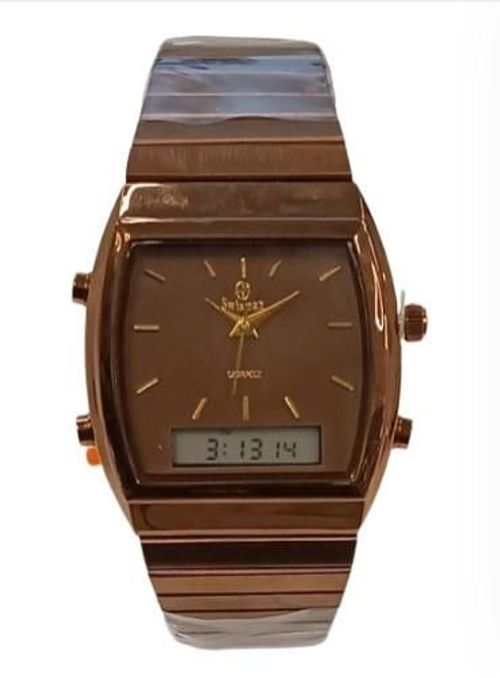 Swismax Ladies Duel Time Water Resistant Brown Dial Brown Metal Strap Watch - InStock
