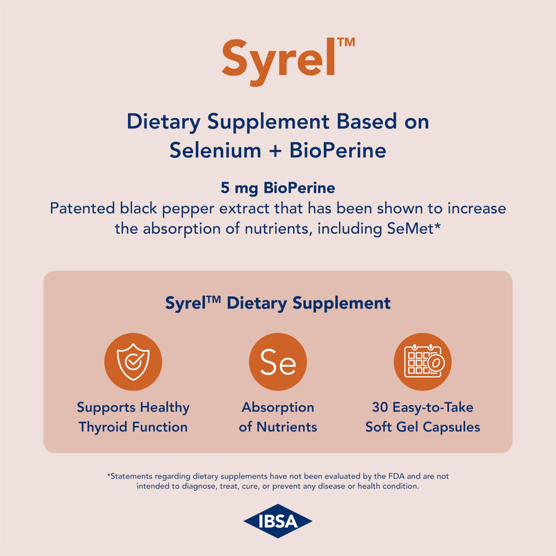 Syrel Thyroid Support Supplement – 100 mcg Selenium, 5 mg BioPerine | 30 Soft Gel Capsules
