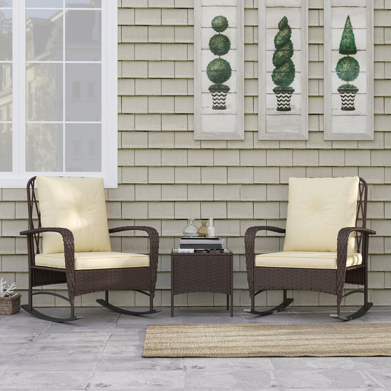 Outsunny Rattan Bistro Set Balcony Furniture with Rocking Chairs, Brown