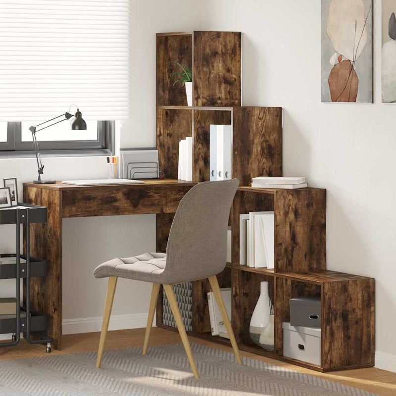 Corner Desk with Shelf with Storage Smoked oak 101.5 x 149.5 x 149.5 cm