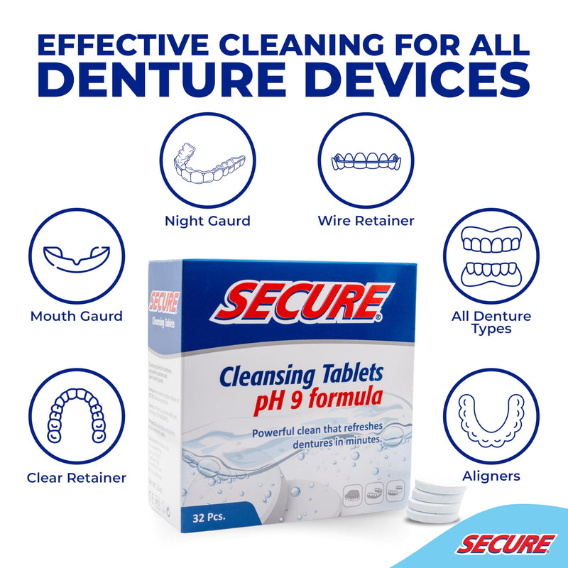 Secure Daily Cleansing Tablets – pH 9 Denture Cleaners | 32 Tablets (1 Pack) For Dentures, Retainers & Night Guards