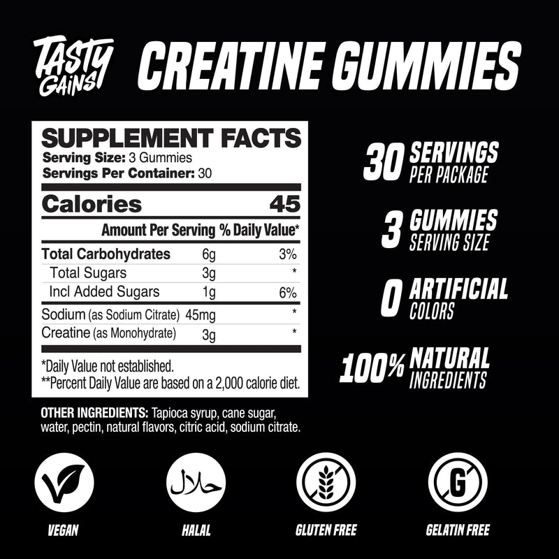 TASTY GAINS Creatine Gummies – 90g Creatine Monohydrate, Muscle Support, Vegan, Made in USA (Blue Raspberry)