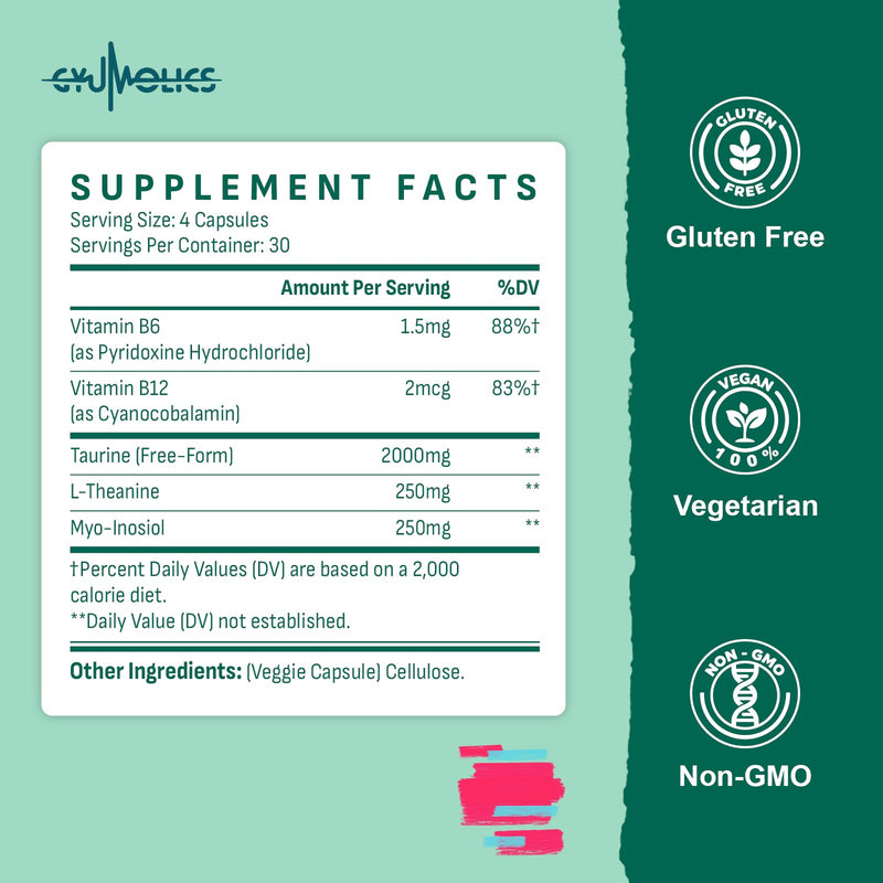 Gyumolics Taurine 2000mg – 5-in-1 Plant-Based Amino Acid Supplement (L-Theanine, Myo-Inositol, B6 & B12)