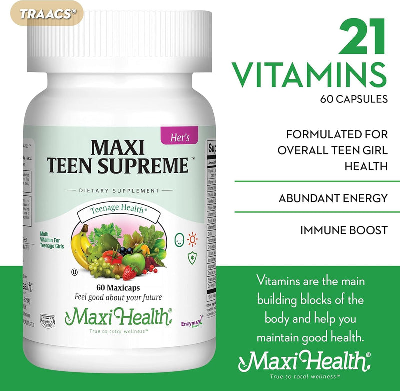 Teen Vitamins for Girls 12-17 - Teen Multivitamin Supreme with D3, Iron, Calcium, Biotin, Digestive Enzymes – Teenager Girl Multi Vitamins for Energy, Immune & Mood Support – 60 Count