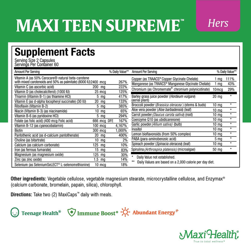 Teen Vitamins for Girls 12-17 - Teen Multivitamin Supreme with D3, Iron, Calcium, Biotin, Digestive Enzymes – Teenager Girl Multi Vitamins for Energy, Immune & Mood Support – 60 Count