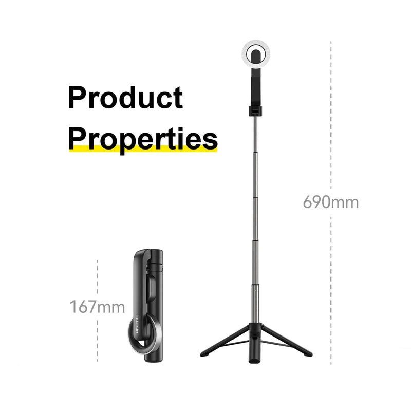 TELESIN Magnetic Selfie Stick Tripod with Bluetooth Remote Control Compatible with MagSafe