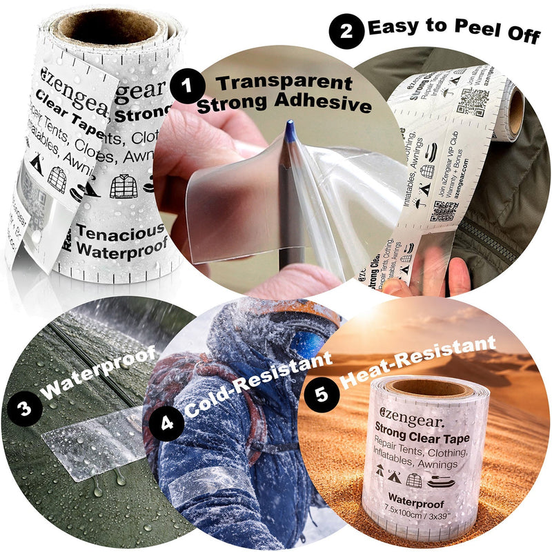 Clear Tenacious Waterproof Tape, Patch Repair Kit for Tents, Jackets, Inflatables, PVC, Shoes