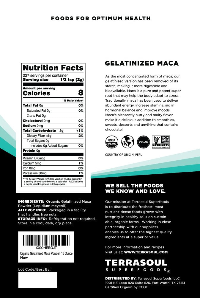 Terrasoul Organic Gelatinized Maca Powder 16oz – Hormone Balance & Energy