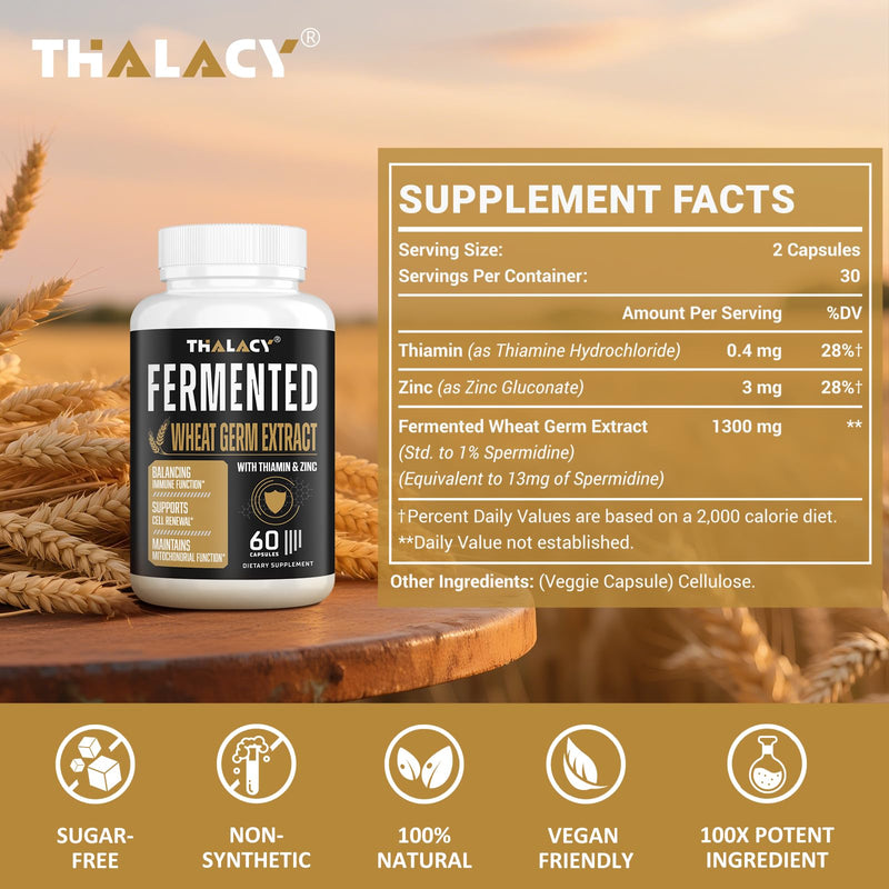 Thalacy Spermidine Wheat Germ Extract Capsules – 13 mg Spermidine, 1300 mg Formula, Zinc