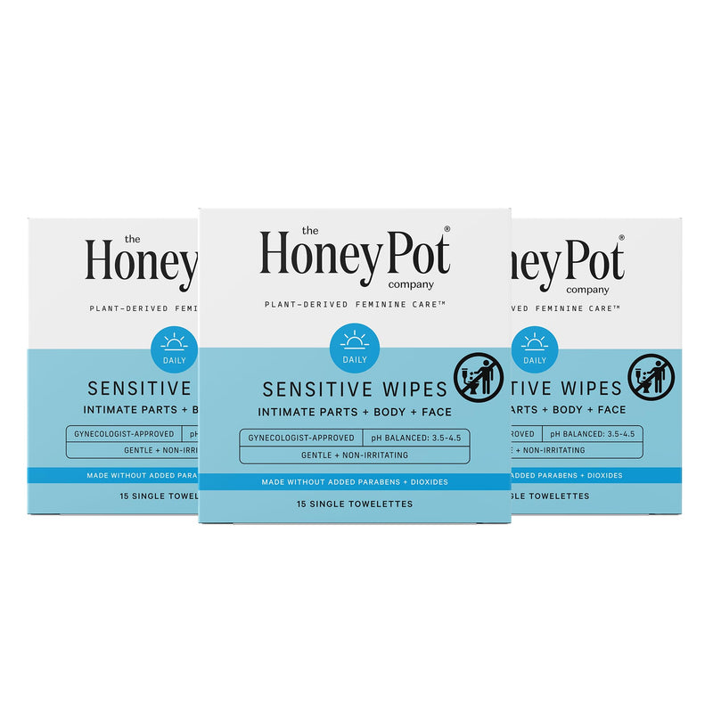 The Honey Pot Company - Sensitive Feminine Wipes | Daily pH Balancing, Fragrance & Sulfate-Free, Individually Wrapped (15 Ct Pack of 3)