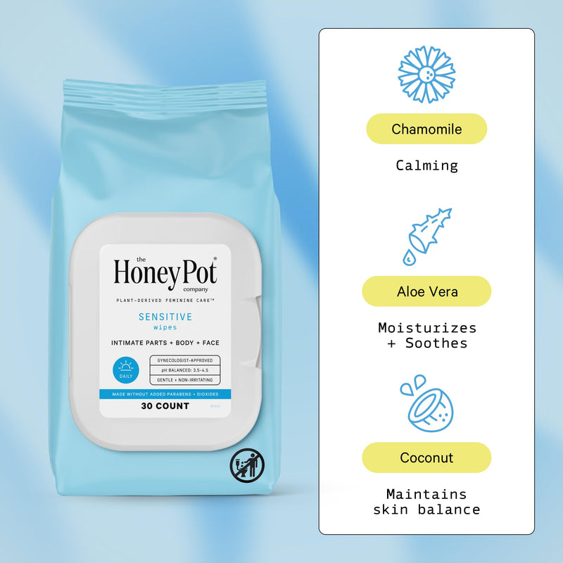 The Honey Pot Company - Sensitive Feminine Wipes | Daily pH Balance, Plant-Derived & Hypoallergenic, 30 Ct Pack of 3