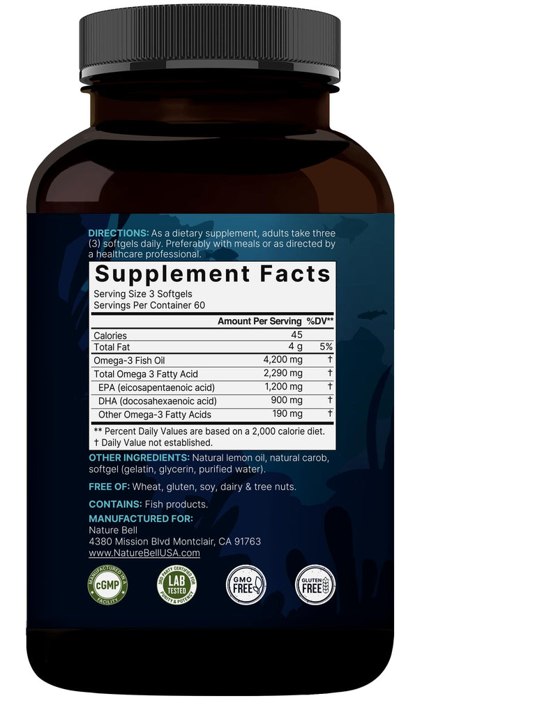 Omega 3 Fish Oil 4200mg – 180 Burpless Softgels | EPA 1200mg DHA 900mg | Lemon