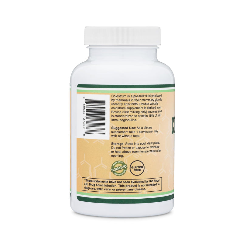 Colostrum Supplement 120 Capsules, 1,000mg per Serving | First Milking Bovine Colostrum (15% IgG) | No Fillers | Third-Party Tested by Double Wood