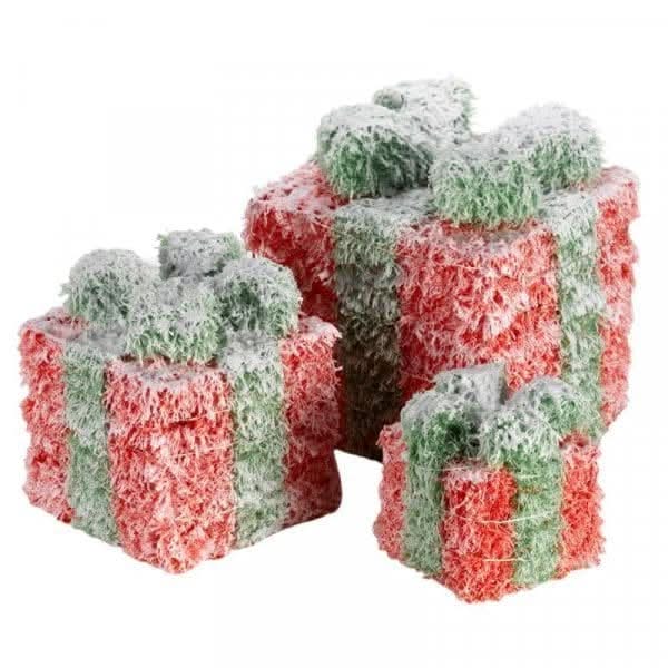 3pc Red and Green Frosted LED Christmas Gift Box Decorations