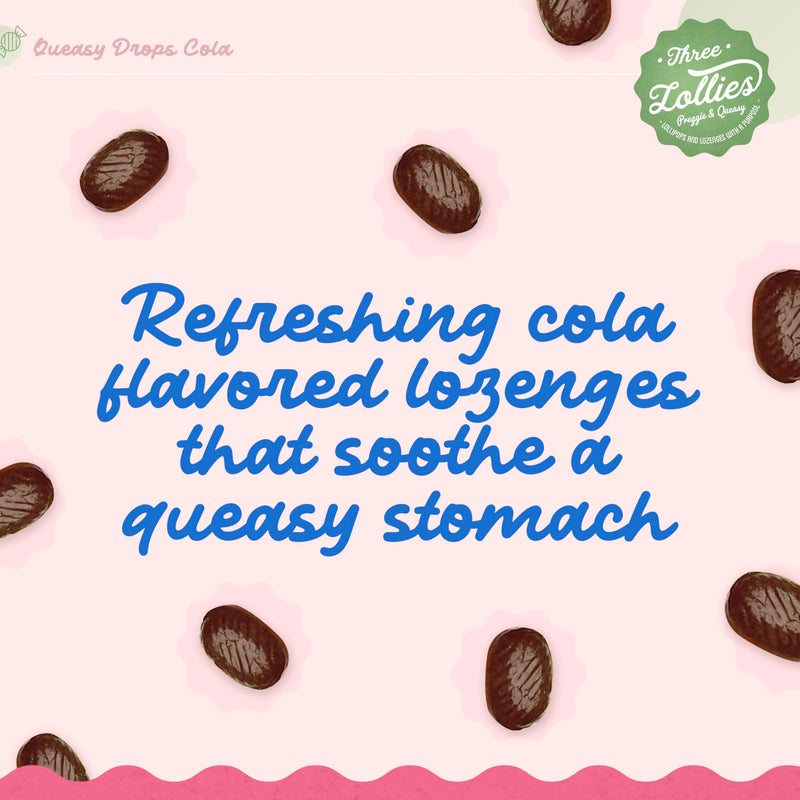 Three Lollies Queasy Drops Cola Flavor – Nausea & Travel Sickness Relief, Dry Mouth Soothing (21 ct, 3-Pack)