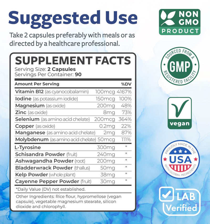 Thyroid Support with Iodine - 180 Capsules (Non-GMO) – 90 Day Supply