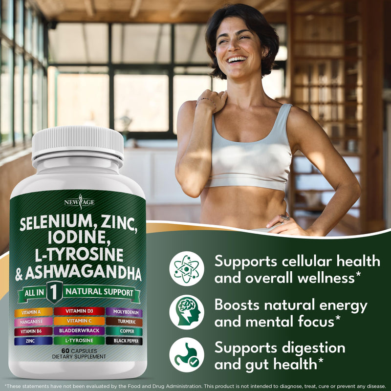 NEW AGE Thyroid Support Supplement with Selenium, Zinc, Iodine, L-Tyrosine, Ashwagandha — 60 Count (Pack of 3)
