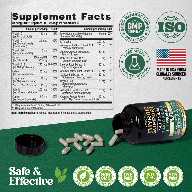 Thyroid Support for Women - Selenium 200 mcg & 21-in-1 Formula | USA